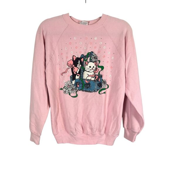 Hanes Tops - Vintage Cat Sweatshirt Grandmacore Cottagecore Pink M Retro 80s Boho Hippie Folk